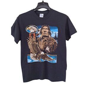 Native American Graphic T-Shirt M Gildan Cotton Black Eagle Bear Vintage Unisex